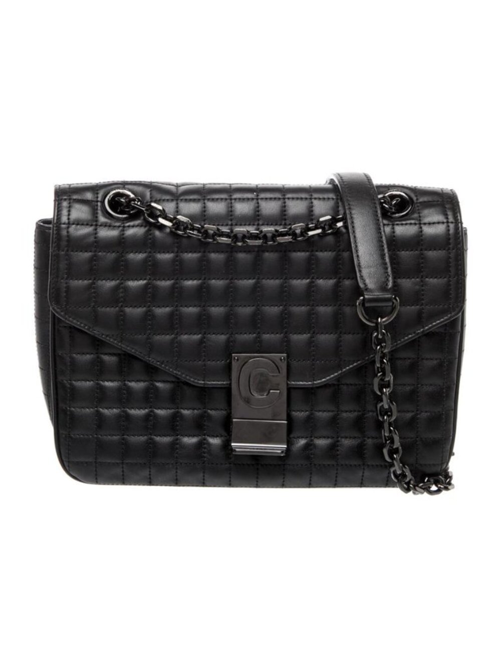 Celine C Bag Medium Black Quilted Leather Chain Shoulder Top Handle Bag